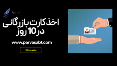 نشان دهنده یک فردی است که در حال دریافت کارت بازرگانی خود است. در کنار این تصویر عبارت اخذ کارت بازرگانی در 10 روز به همراه نام برند و آدرس سایت ثبت پروا است